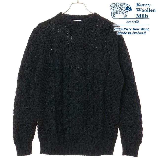 ケリーウーレンミルズ KERRY WOOLLEN MILLS アランケーブル クルーネックセーター [KW-0001 FW25] Aran Cable Crew Neck Sweater メンズ トップス ニット 英国製 Jet-Black 正規取扱店