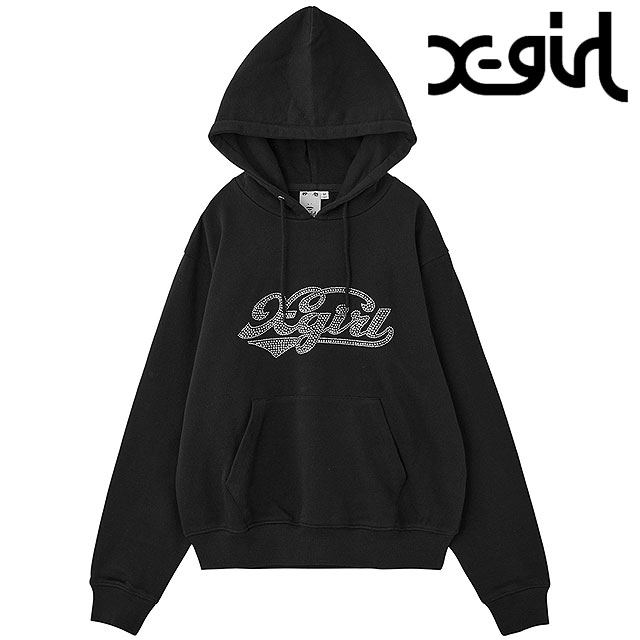エックスガール X-girl ラインストーン スウェットフーディー [105254012008 FW25] RHINESTONE CURSIVE LOGO SWEAT HOODIE レディース xgirl トップス プルオーバー パーカー ブラック 正規取扱店