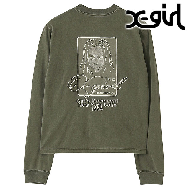 エックスガール X-girl レディース ピグメントダイフェイスアンドロゴ スクエアパッチロングスリーブTシャツ [105261011004 SS26] PIGMENT DYED FACE AND LOGO SQUARE PATCH L/S TEE トップス カットソー 長袖 カーキグリーン OLIVE 正規取扱店