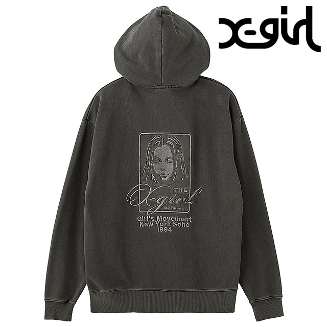 エックスガール X-girl レディース ピグメントダイフェイスアンドロゴ スクエアパッチ ジップアップスウェットフーディー [105261012014 SS26] PIGMENT DYED FACE AND LOGO SQUARE PATCH ZIP UP SWEAT HOODIE トップス 長袖 ジップパーカー 黒 BLACK 正規取扱店