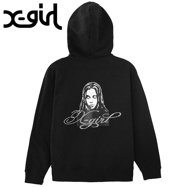 エックスガール X-girl レディース ラインストーンロゴアンドフェイス ジップアップスウェットフーディー [105261012017 SS26] RHINESTONE LOGO AND FACE ZIP UP SWEAT HOODIE 長袖 ジップパーカー 黒 BLACK