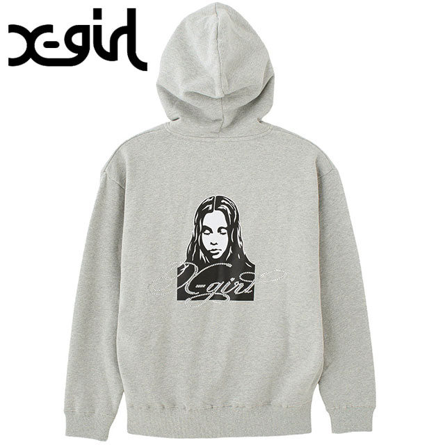 エックスガール X-girl レディース ラインストーンロゴアンドフェイス ジップアップスウェットフーディー [105261012017 SS26] RHINESTONE LOGO AND FACE ZIP UP SWEAT HOODIE 長袖 ジップパーカー グレー ASH
