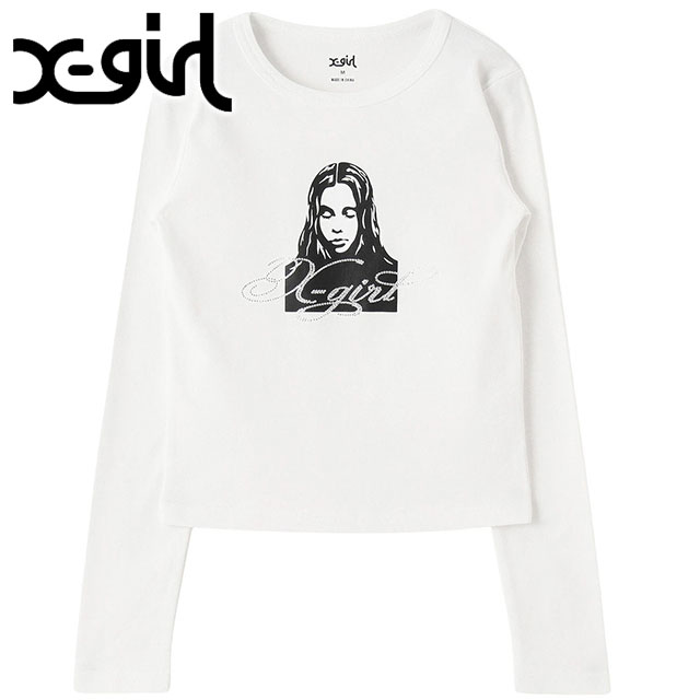 エックスガール X-girl レディース ラインストーンロゴアンドフェイス ロングスリーブコンパクトトップ [105261011006 SS26] RHINESTONE LOGO AND FACE L/S COMPACT TOP カットソー 長袖Tシャツ タイトシルエット 白 WHITE