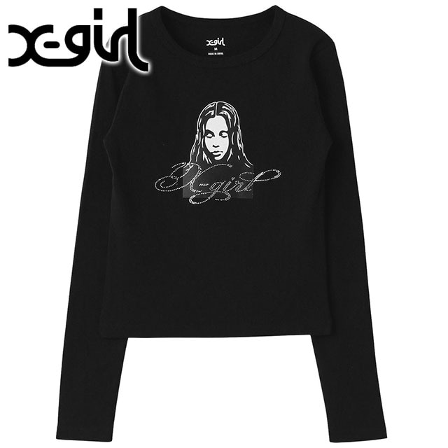 エックスガール X-girl レディース ラインストーンロゴアンドフェイス ロングスリーブコンパクトトップ [105261011006 SS26] RHINESTONE LOGO AND FACE L/S COMPACT TOP カットソー 長袖Tシャツ タイトシルエット 黒 BLACK