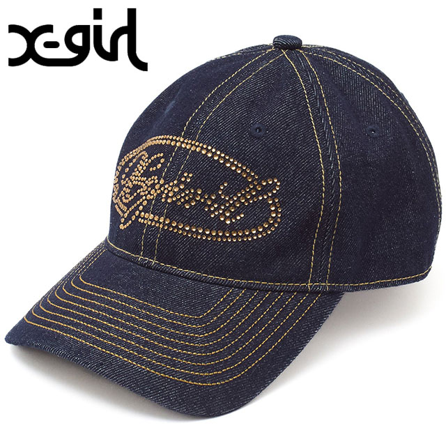 エックスガール X-girl レディース ラインストーン オーバルロゴ 6パネルデニムキャップ [105261051009 SS26] RHINESTONE OVAL LOGO 6PANEL DENIM CAP 帽子 ロゴキャップ サイズ調整可能 ネイビー INDIGO
