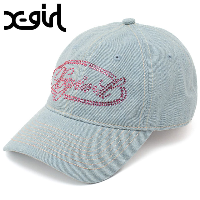 エックスガール X-girl レディース ラインストーン オーバルロゴ 6パネルデニムキャップ [105261051009 SS26] RHINESTONE OVAL LOGO 6PANEL DENIM CAP 帽子 ロゴキャップ サイズ調整可能 ブルー LtINDIGO