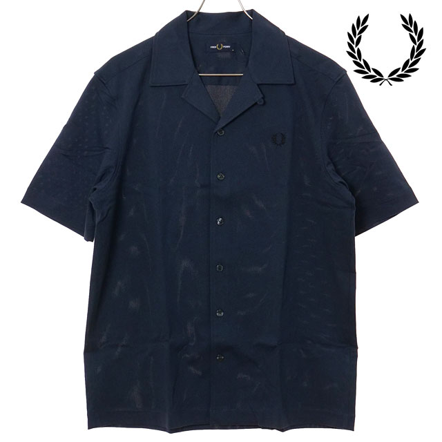 フレッドペリー FRED PERRY メンズ コンプレスメッシュ リベレカラーシャツ [M1745-46B SS26] COMPRESS MESH REVERE COLLAR SHIRT 半袖 オープンカラーシャツ ネイビー DARK-AIRFORCE
