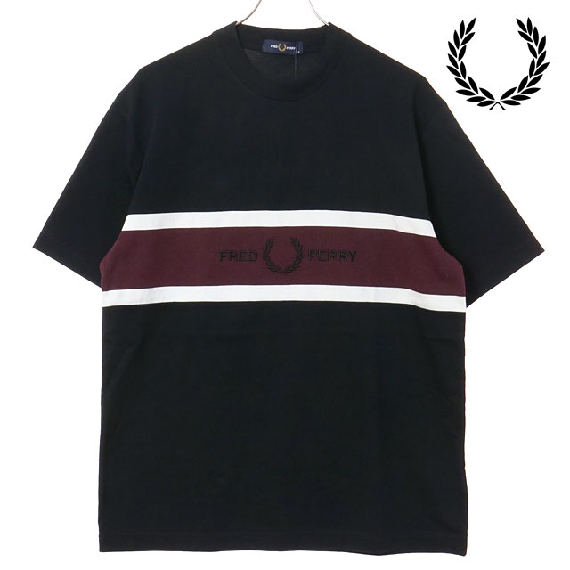 フレッドペリー FRED PERRY メンズ エンブロイダードパネルTシャツ [M2405-102 SS26] EMBROIDERED PANEL T-SHIRT 半袖 クルーネック ブラック BLACK 【メール便配送】