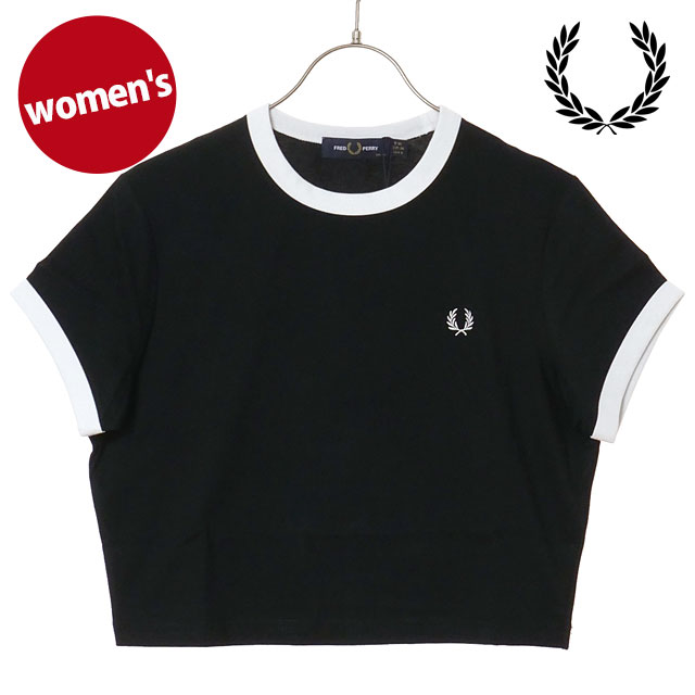 フレッドペリー FRED PERRY レディース クロップド リンガーTシャツ [G9163-102 SS26] CROPPED RINGER T-SHIRT 半袖 クロップド丈 ブラック BLACK 【メール便配送】