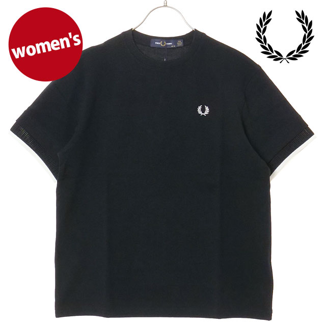 フレッドペリー FRED PERRY レディース メッシュカフピケTシャツ [G2167-102 SS26] MESH CUFF PIQUE T-SHIRT 半袖 鹿の子 ブラック BLACK 【メール便配送】