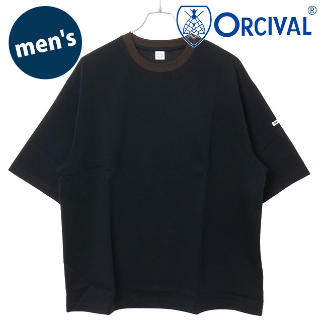 オーシバル ORCIVAL メンズ ワイドクルーネック ショートスリーブプルオーバー [OR-C0460-MSD SS26] WIDE CREW NECK S/S P.O. カットソー 半袖Tシャツ ボーダー 日本製 黒 BLACK（DK.BROWN-BINDER）