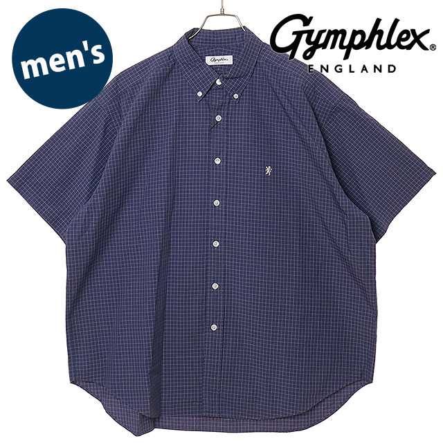 ジムフレックス Gymphlex メンズ ボタンダウンショツ ショートスリーブ [#GY-B0248 OGC SS26] B.D. SHIRT S/S 半袖 ワンポイント チェックシャツ ネイビー NAVY/WHITE-CHECK(OFF-WHITE)