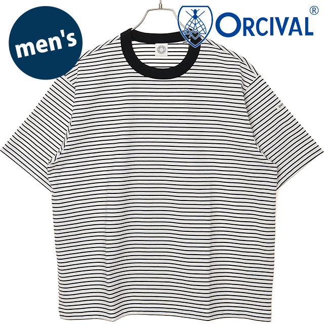 オーシバル ORCIVAL メンズ クルーネック ショートスリーブプルオーバー [OR-C0517-CCF SS26] CREW NECK S/S P.O. カットソー 半袖Tシャツ ボーダー 日本製 白 WHITE/BLACK 【メール便配送】