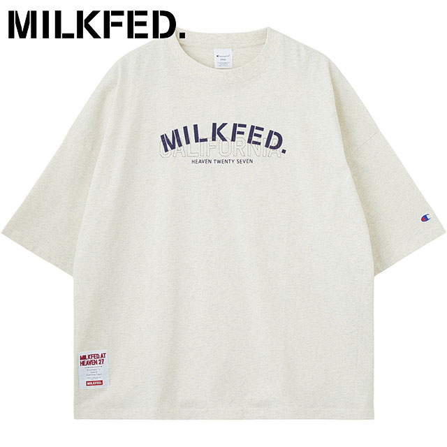 ミルクフェド MILKFED. レディース チャンピオン レイヤーロゴビッグTシャツ [103262011001 SU26] CHAMPION LAYER LOGO BIG TEE 半袖 コラボ ビッグシルエット ベージュ OATMEAL