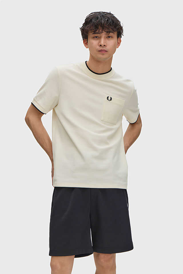 フレッドペリー FRED PERRY メンズ ポケットディテールピケTシャツ [M2395-560 SS26Q2] POCKET DETAIL PIQUE T-SHIRT 半袖 ポケットTシャツ 鹿の子 ホワイト ECRU 【メール便配送】
