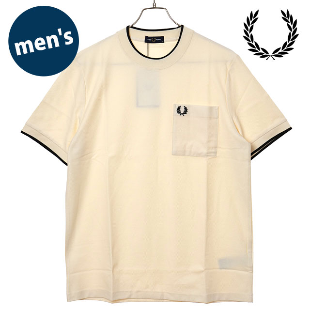 フレッドペリー FRED PERRY メンズ ポケットディテールピケTシャツ [M2395-560 SS26Q2] POCKET DETAIL PIQUE T-SHIRT 半袖 ポケットTシャツ 鹿の子 ホワイト ECRU 【メール便配送】