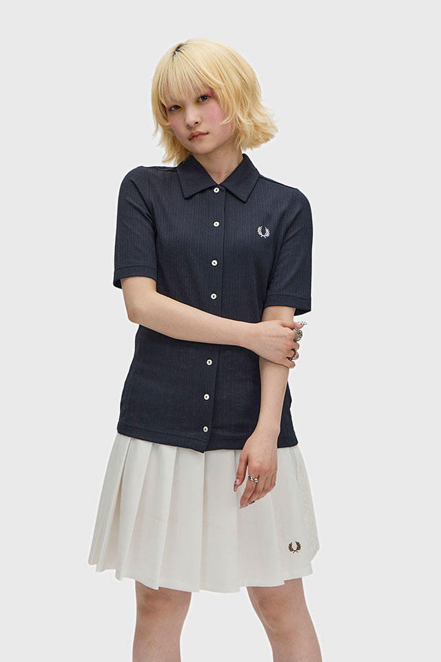 フレッドペリー FRED PERRY レディース ボタンスルーシアーリブポロシャツ [G2185-608 SS26Q2] BUTTON-THROUGH SHEER RIB POLO SHIRT 半袖 フルボタン ネイビー NAVY