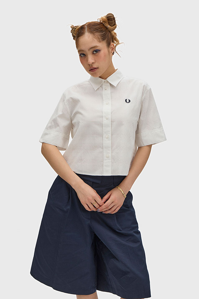 フレッドペリー FRED PERRY レディース オープンウィーブ チェッカーボードシャツ [G2188-129 SS26Q2] OPEN WEAVE CHEQUERBOARD SHIRT 半袖 ショート丈 ホワイト SNOW-WHITE