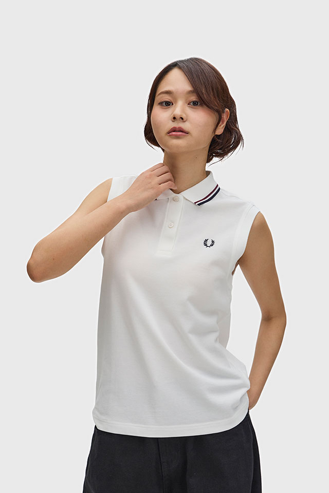 フレッドペリー FRED PERRY タンクトップ レディース スリーブレス ツインティップド フレッドペリーシャツ [G7200-19C SS26Q2] SLEEVELESS TWIN TIPPED FRED PERRY SHIRT ノースリーブ 鹿の子 ホワイト SNOW-WHITE/OXBLOOD/NAVY