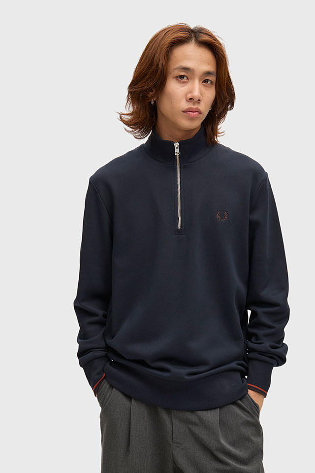 フレッドペリー FRED PERRY メンズ ハーフジップ スウェットシャツ [M3574-75C FW26] HALF ZIP SWEATSHIRT 裏毛 コットン おしゃれ カジュアル 紺 NVY/BRNDY/RCHBRN