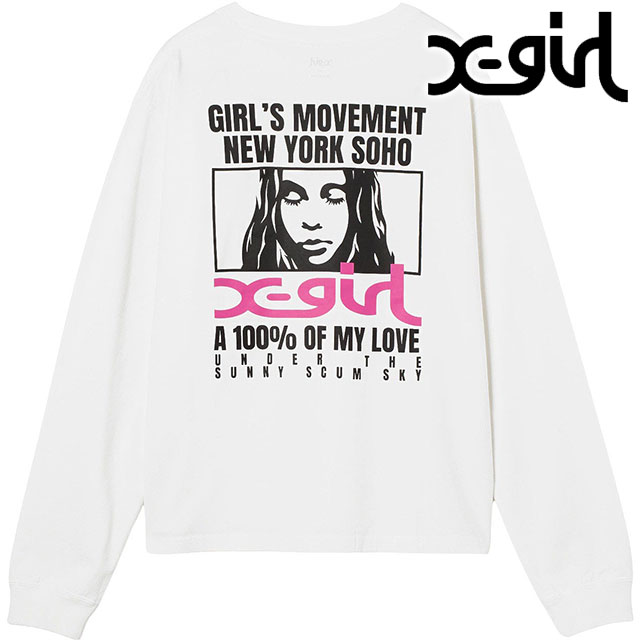 エックスガール X-girl レディース ロングスリーブTシャツ [105263011006 FW26] FACE BOX AND MESSAGE L/S TEE 長袖 ロンT フェイスロゴ ボックスロゴ メッセージプリント コットン カットソー ホワイト WHITE