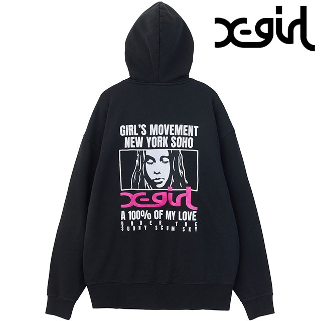エックスガール X-girl レディース ジップアップパーカー [105263012013 FW26] FACE BOX AND MESSAGE ZIP UP SWEAT HOODIE スウェット フェイスロゴ ボックスロゴ 刺繍 フーディー 裏毛 ブラック BLACK