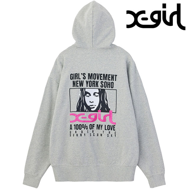 エックスガール X-girl レディース ジップアップパーカー [105263012013 FW26] FACE BOX AND MESSAGE ZIP UP SWEAT HOODIE スウェット フェイスロゴ ボックスロゴ 刺繍 フーディー 裏毛 グレー ASH