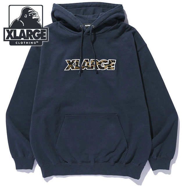 エクストララージ XLARGE メンズ スタンダードロゴ フーデッドスウェットシャツ [101263012003 FW26] STANDARD LOGO HOODED SWEATSHIRT フーディー ロゴ プルオーバー ストリート ネイビー NAVY