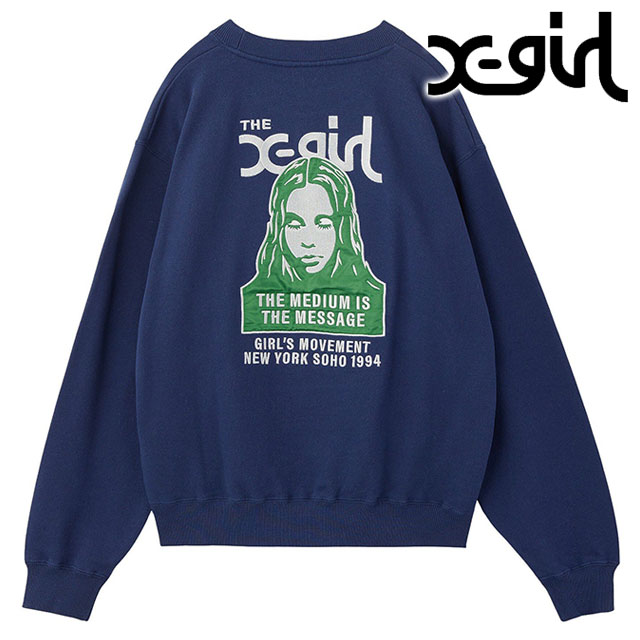 エックスガール X-girl クルーネック スウェットトップ [105254012013 FW25] FACE PATCH AND LOGO CREWNECK SWEAT TOP レディース xgirl トップス プルオーバー トレーナー ネイビー 正規取扱店