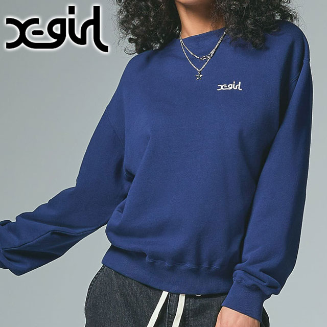 エックスガール X-girl クルーネック スウェットトップ [105254012013 FW25] FACE PATCH AND LOGO CREWNECK SWEAT TOP レディース xgirl トップス プルオーバー トレーナー ネイビー 正規取扱店