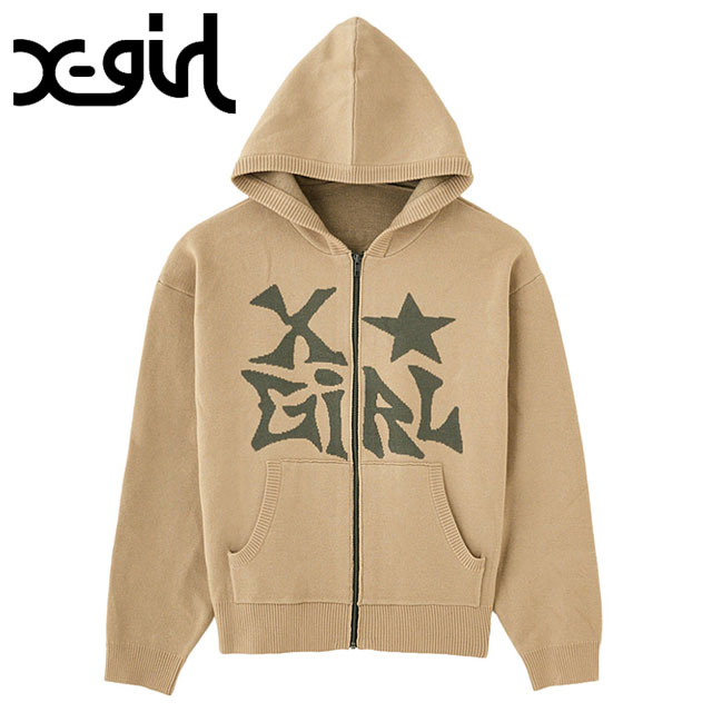 エックスガール X-girl ジャガードニット ジップアップフーディー [105253015007 FW25] JACQUARD KNIT ZIP UP HOODIE レディース xgirl トップス フルジップ ニットパーカー BLACK 正規取扱店 エックスガール X-girl ジャガードニット ジップアップフーディー