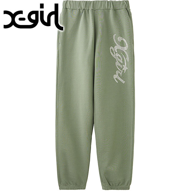 エックスガール X-girl ラインストーンスター カーシヴロゴ スウェットパンツ [105244031004 FW24WINTER] RHINESTONE STAR CURSIVE LOGO SWEAT PANTS レディース ボトムス ロングパンツ OLIVE 正規取扱店 エックスガール X-girl ラインストーンスター カーシヴロゴ スウェット