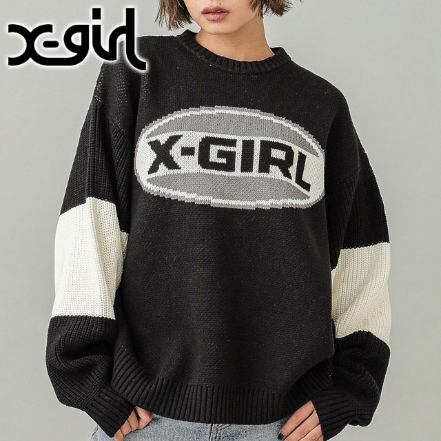 SALEۥå X-girl Х顼Х 㥬ɥ˥åȥȥå [105244015005 FW24WINTER] BICOLOR OVAL LOGO JACQUARD KNIT TOP ǥ ȥåץ  BLACK 谷Źts