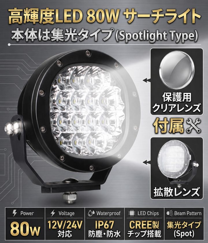 LEDサーチライト 80W 7100lm 12V/24V 集光 拡散レンズ付 船舶 重機 トラクター ワークライト｜1～12台選択可｜msm3480-cree80