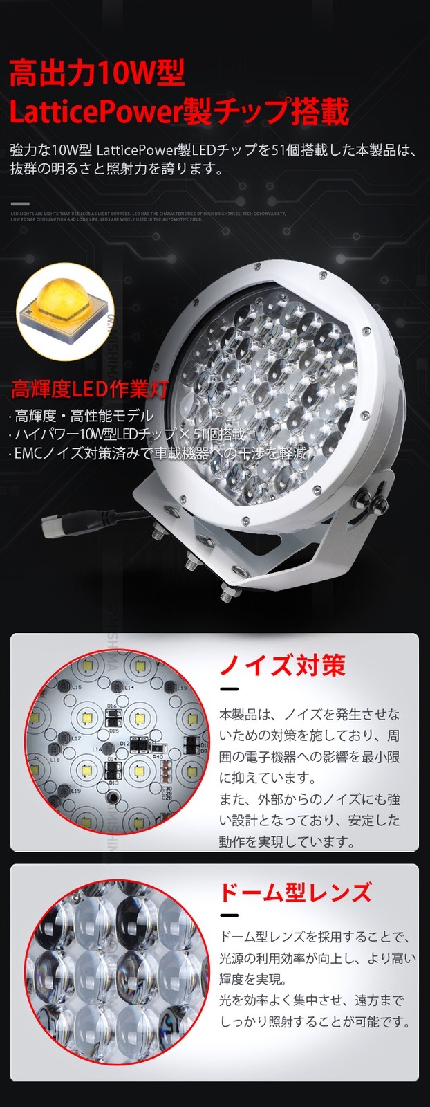 LED作業灯 ワークライト 狭角スポットタイプ 10V-30V対応 遠距離照射 白/黒ボディ msm-0510 車両用 12V/24V対応 投光器 高輝度40800ルーメン 14ヶ月保証