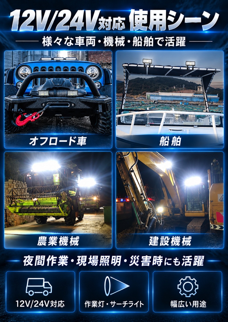 LEDサーチライト 72W/108W/144W/180W 12V/24V EMC 1台 重機 トラクター