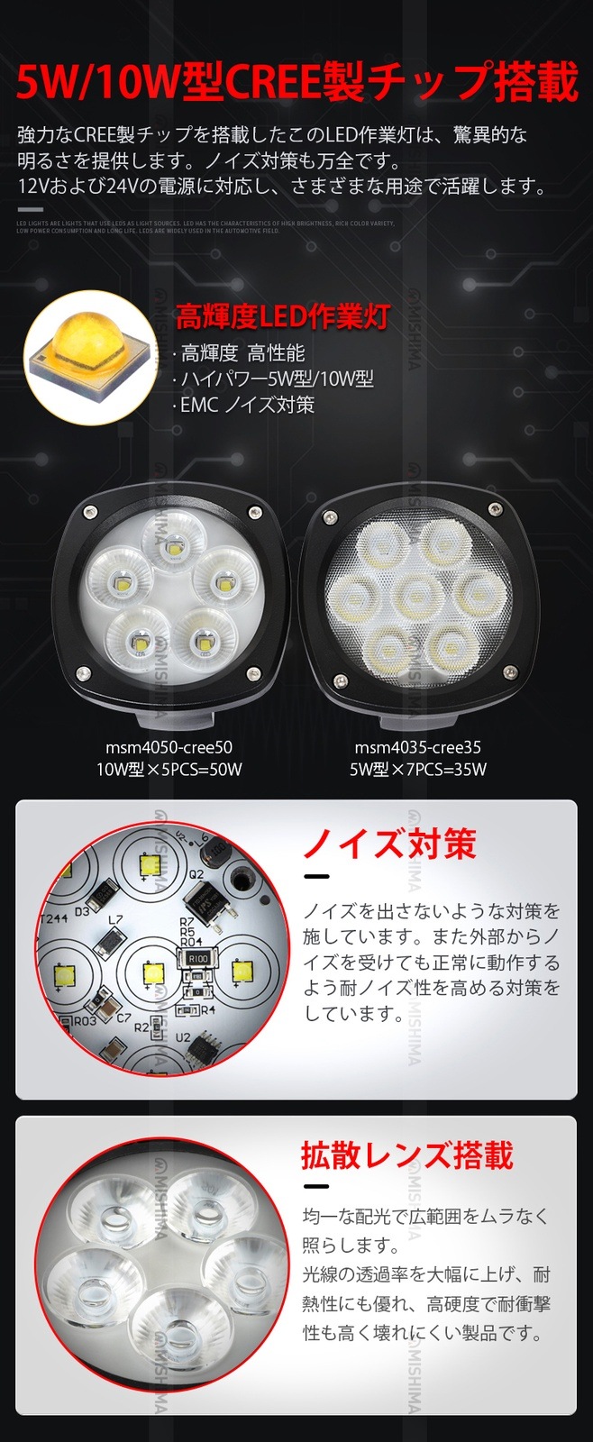 led作業灯12v led作業灯24v led作業灯ワークライト【4台/最大14ヵ月保証】50W led作業灯24vノイズ対策 ｍsm4050 船舶 拡散 広範囲 50w 集魚灯 船舶ライト ledサーチライト/投光器