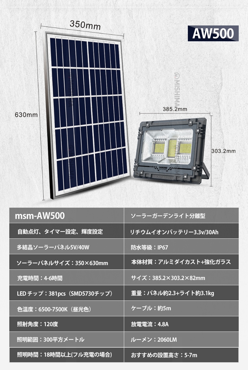 分離型ソーラーガーデンライト AW200/AW500・RGB200/RGB500 IP67 リモコン付|4タイプ選択可