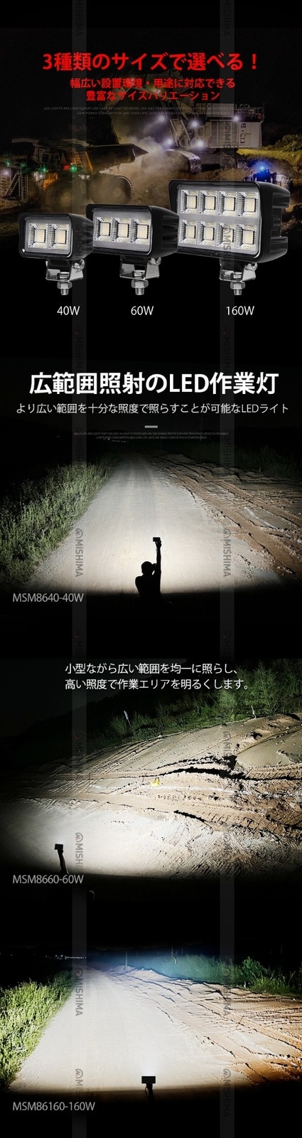 【11000lm 爆光】OSRAM製LEDチップ 160W 作業灯(MSM-86160-160)|左右360度回転ブラケット搭載 広角拡散タイプ EMCノイズ対策済 12V/24V対応