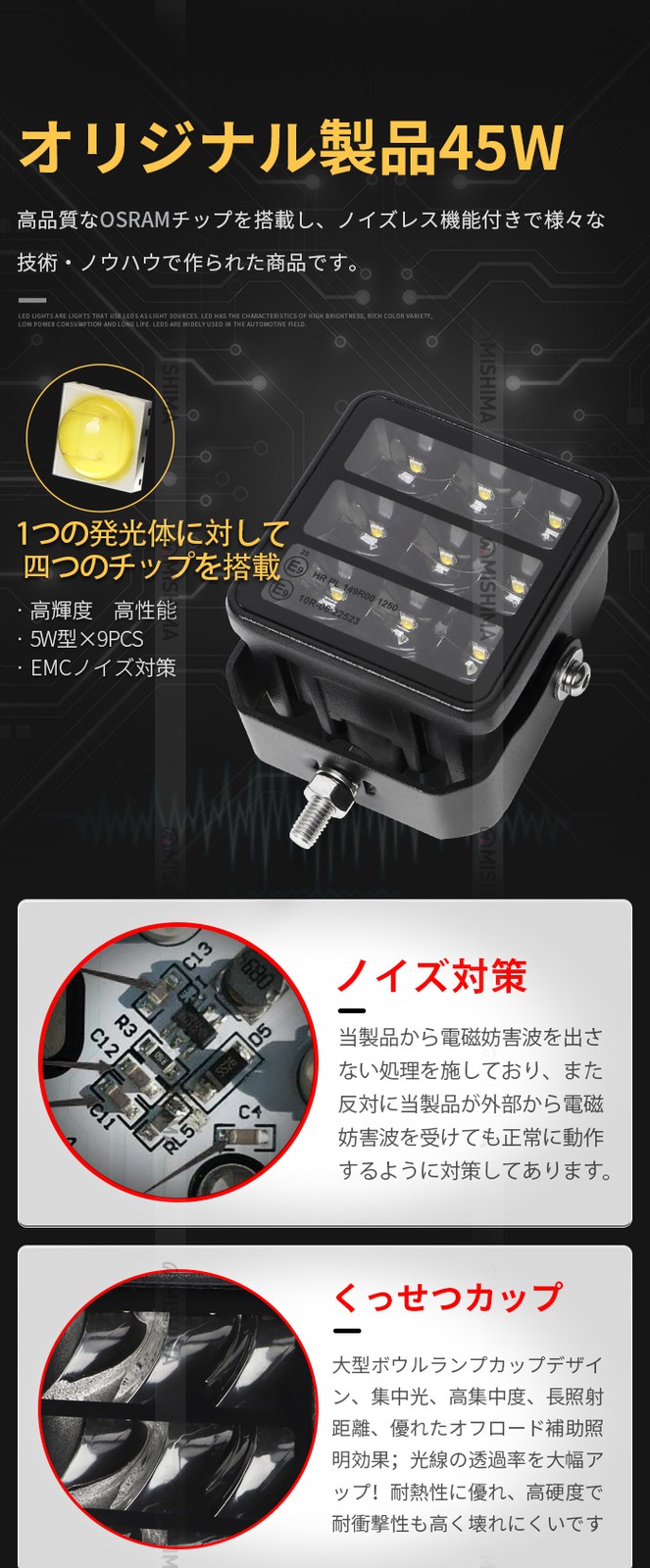 LED作業灯 ワークライト【1台・45W・最大14ヵ月保証】 LEDワークライト 12v 24v msm9745 船舶用 車用 建築機械用 防水 トラクター 重機 農業機械 の ブラック 耐久性 拡散タイプ/集光タイプ選択可 