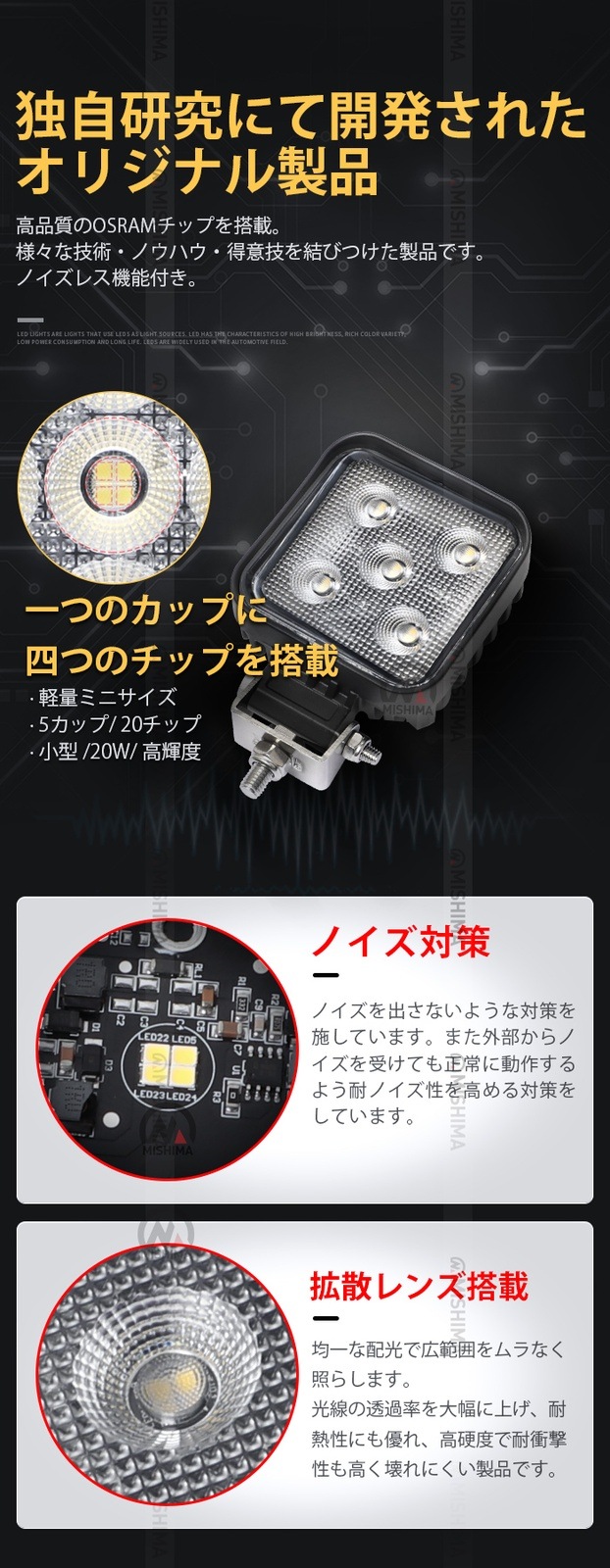 20W LED作業灯【1台】 広角照射 12V/24V兼用 防水IP67 EMC対応 アルミボディ msm-6420　ステンレスステー トラック 重機 建設機械 農業機械 船舶 デッキライト 小型/標準2モデル選択可
