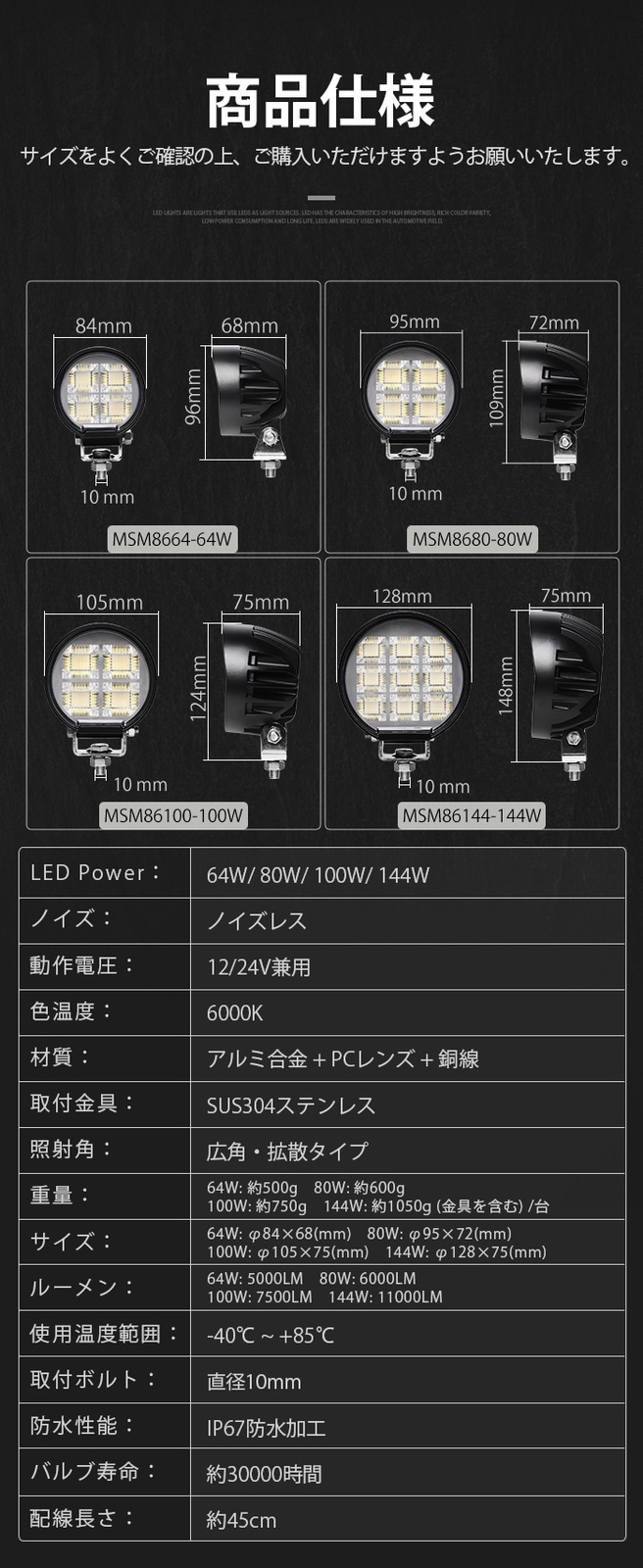 LED作業灯 100W OSRAM 12V/24V 広角 IP67 EMCノイズ対策 建設機械 トラック 船舶|1~20台選択可|msm-86100