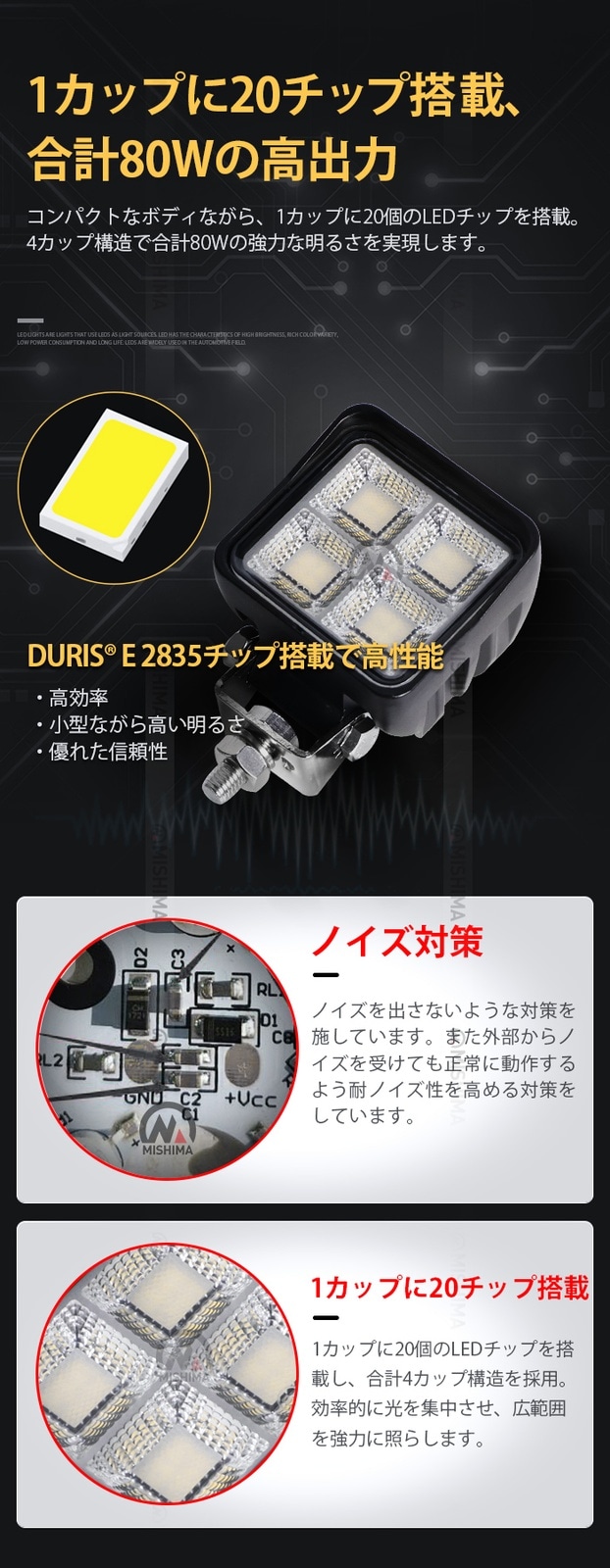 LED作業灯 5台セット 80W OSRAM製 msm8880｜広角拡散 高輝度6000lm 防水 省エネ設計｜トラック・船舶・農業向け 車載LEDライト 12V/24V対応