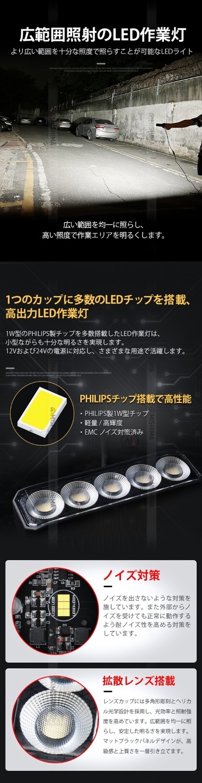 オールブラック仕様 高輝度LED作業灯【1台】12V/24V兼用 IP67防水 msm-6545 広角拡散型 船舶/トラック/農業機械/建設機械用 補助灯 デッキライト 投光器 ノイズレス仕様 EMC対応 アルミボディ 長寿命PHILIPSチップ 温度制御 取付簡単 保証最大14ヵ月