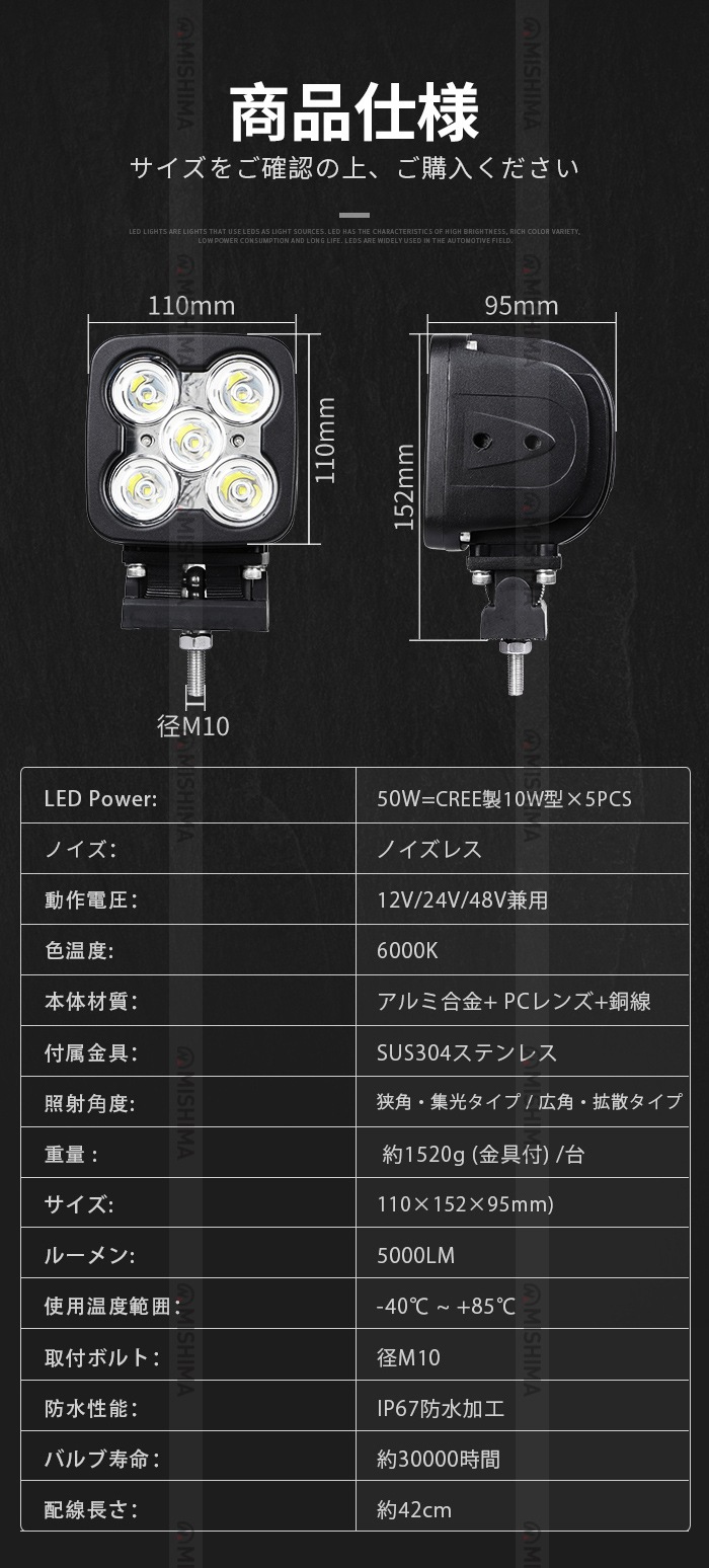 作業灯 LED LED作業灯 ワークライト【高電圧対応48V・1台・最大14ヵ月