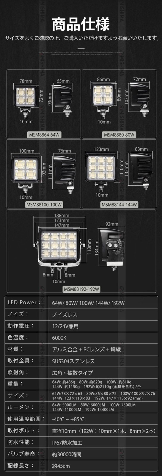 LED投光器 144W 高耐久アルミ+PC 【6台セット】防錆ステンレス製 広角