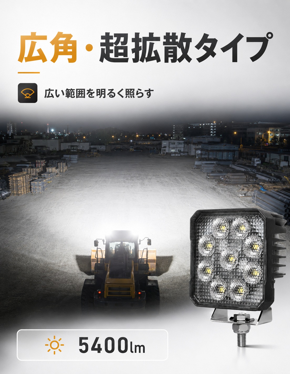 温度制御LED作業灯 54W 5400lm OSRAM製 12V・24V兼用 広角拡散｜1～20