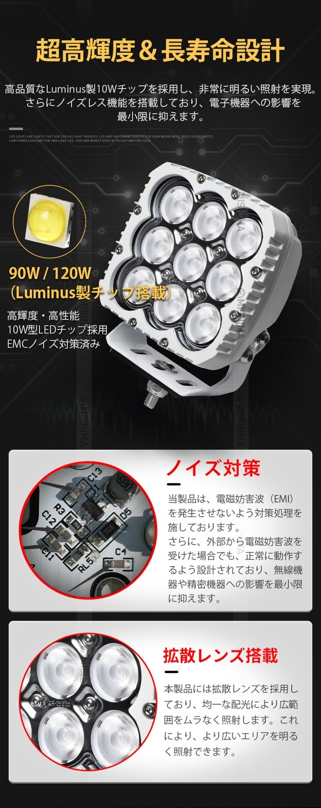 led作業灯12v 24v led作業灯ワークライト【12台・最大14ヵ月保証】 led作業灯ワークライト90W LED作業灯 ホワイトボディ 最大9000lm msm8290W 広角拡散光 12V/24V対応 船舶デッキライト・サーチライト用 ワークライト