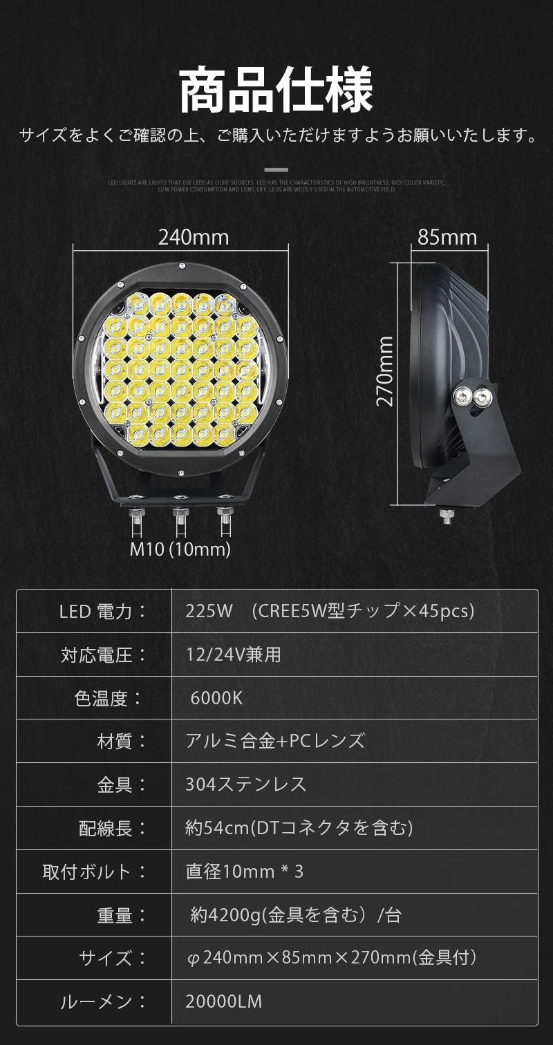 船 ledサーチライト 225W ハイパワー【クリア/拡散レンズ・2台・最大14ヵ月保証】msm0225 12v 24v兼用 225ｗ ノイズ対策 集魚灯 ボート 船用トラクター・重機/前照灯 