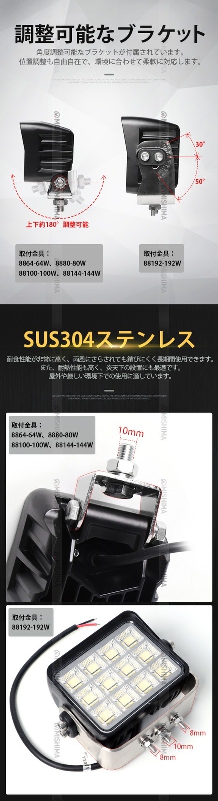 高品質192W LED作業灯 ワークライト 作業灯LED 12V/24V対応 msm88192 防水 車用 集魚灯 農業機械 建設機械 重機対応 高効率 高輝度